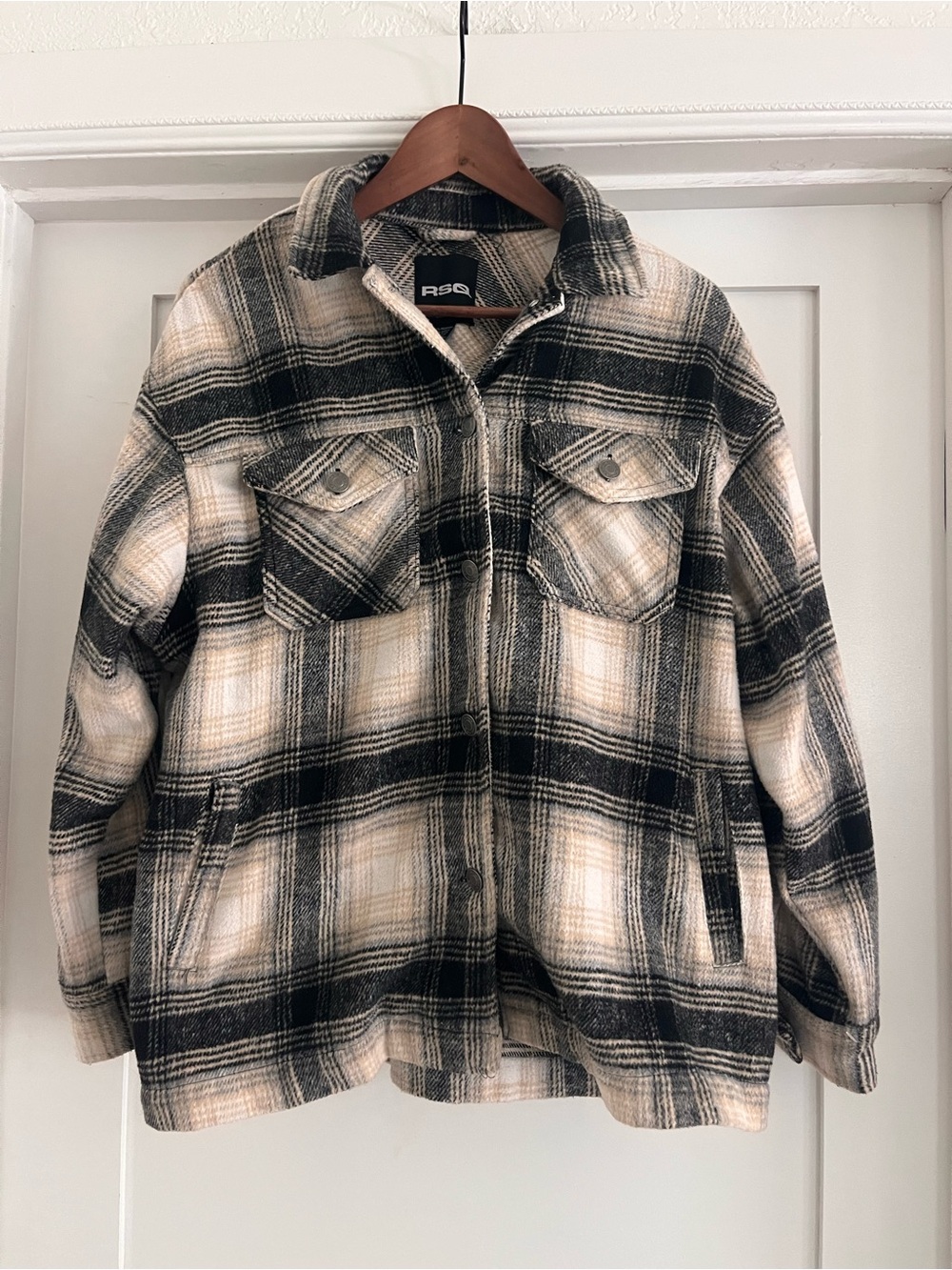 RSQ Black and Cream Plaid Button-Front Shacket